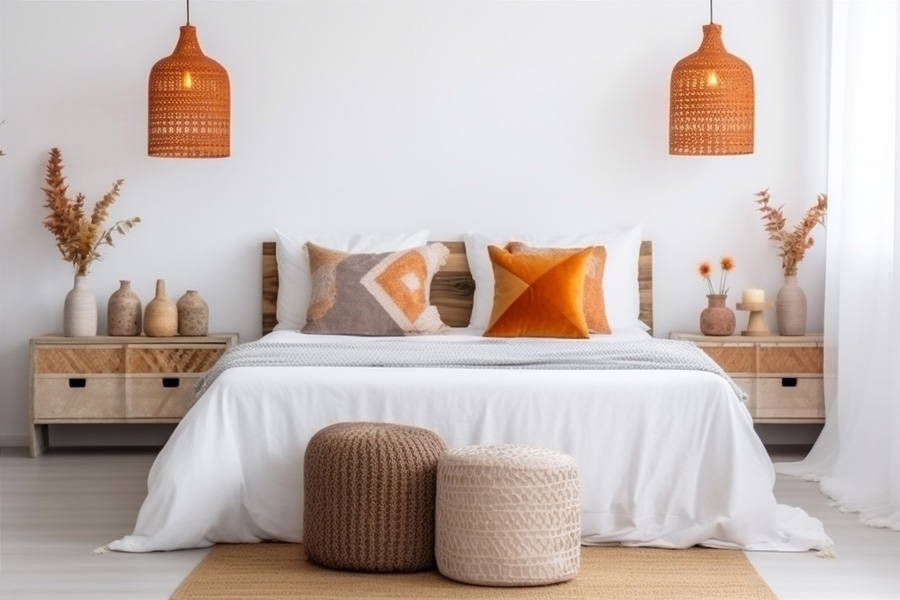 bed with rust orange accessories